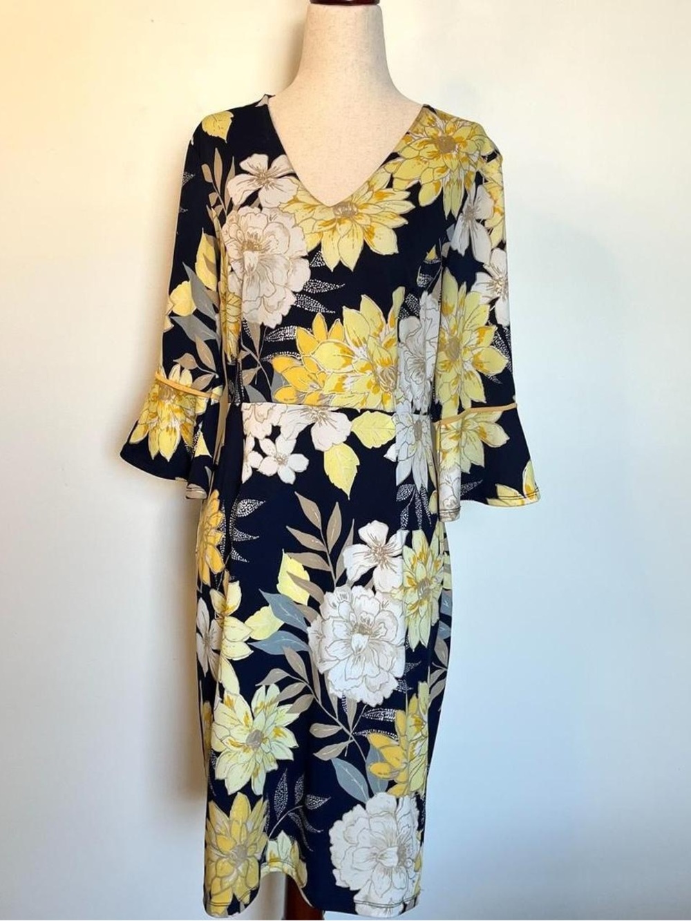 Enfocus Studio Navy Midi Dress with Yellow and White Floral Print